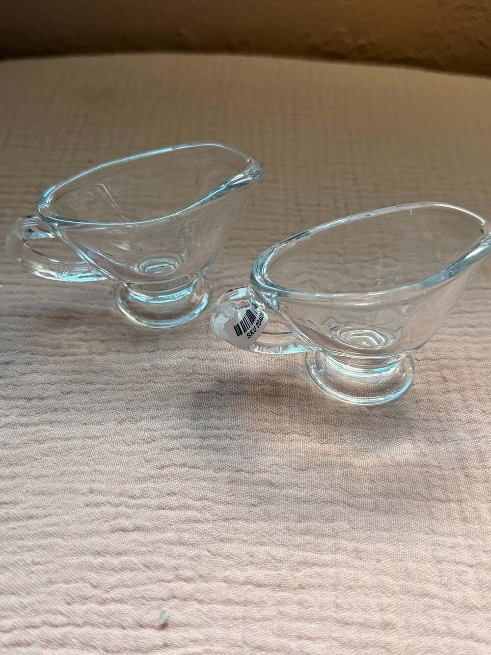 Set of 2 Clear Glass Mini Gravy Boats with Handles and Pedestal Base